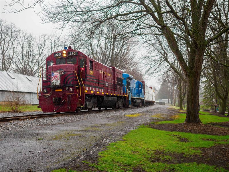 Maroon Finger Lakes Railway locomotive 2201 leading through foggy bare trees
