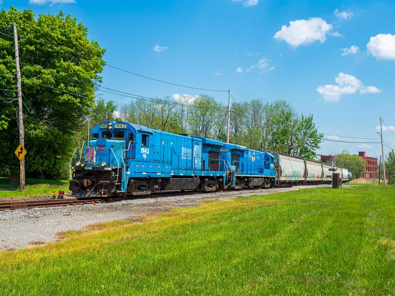 Two blue former Conrail locomotives leading a Finger Lakes Railway tank-car train in spring