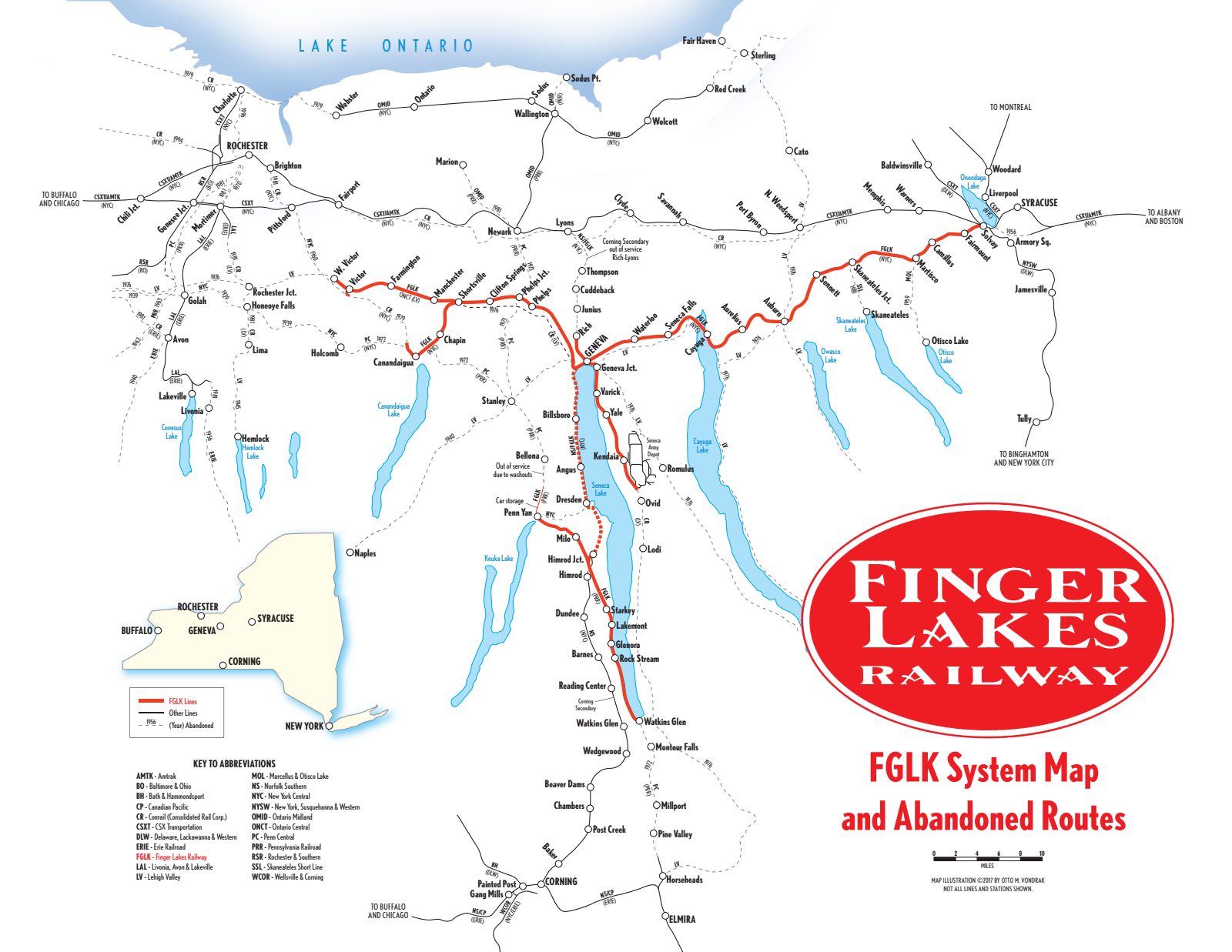 FGLK system map showing current Finger Lakes Railway lines in red and abandoned predecessor railroad routes as dashed lines across the Finger Lakes region