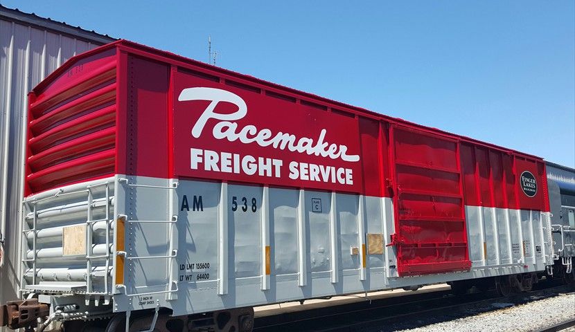 Historic Pacemaker Freight Service boxcar on the Finger Lakes corridor