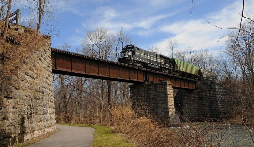 Finger Lakes Railway train crossing a bridge
